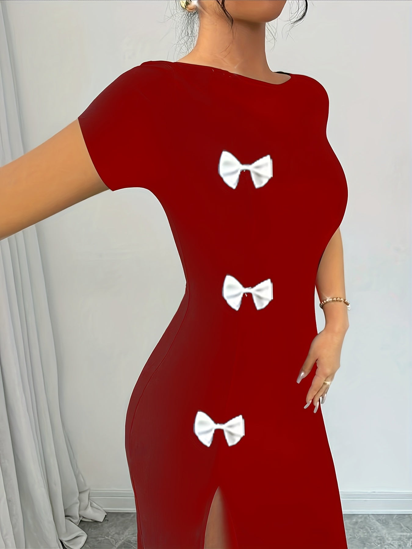 Women's Elegant Black Bow Detail Slim-Fit Bodycon Dress - Short Sleeve Round Neck with High Slit & Hip Wrap, Machine Washable Spring/Summer Formal Attire for Weddings, Parties, Casual Outings, Chic Dress