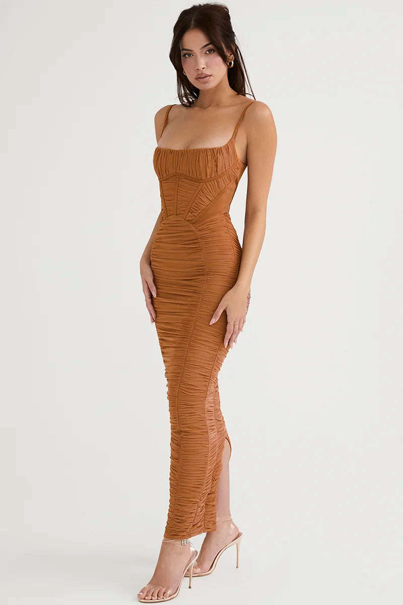 Mozision Elegant Corset Ruched Maxi Dress Women Fashion Spaghetti Strap Sleeveless Backless Zipper Long Dress Vestido