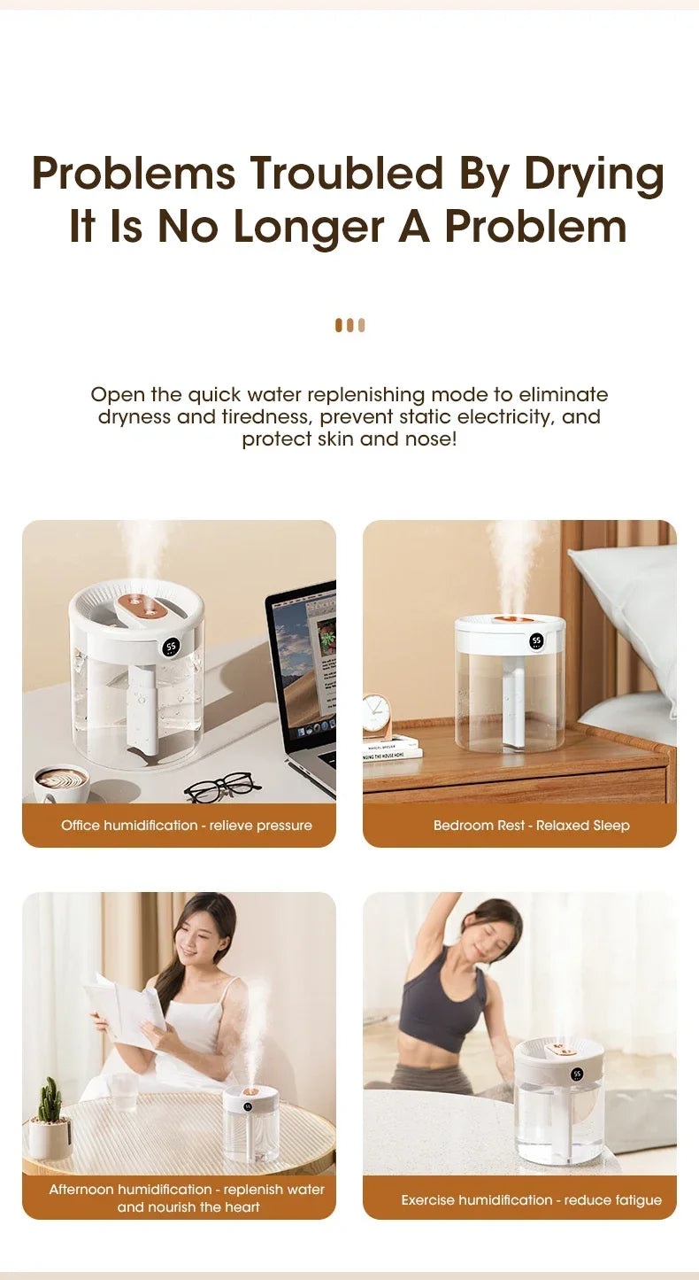 2L Dual Spray Humidifier USB Charging Large Capacity Intelligent Night Light Digital Display Atomizer Mute Office Humidifier