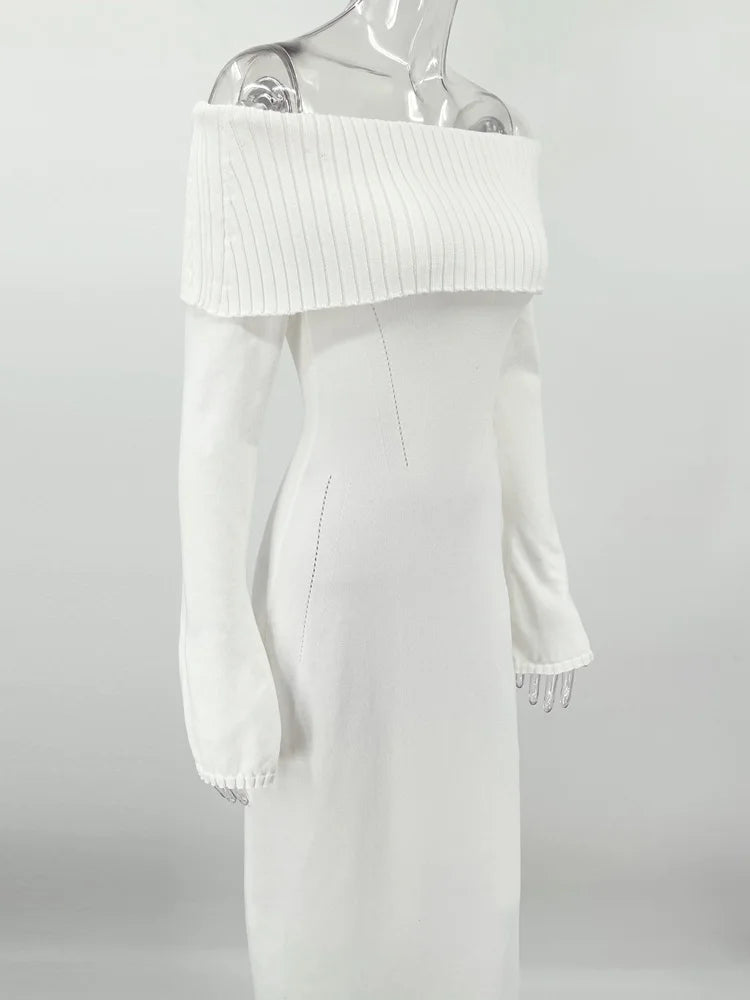 Tossy White Autumn Knit Sweater Long Dress Women Ribbed High Waist Fashion Off-Shoulder Loose Party Dress Female Knitwear Dress