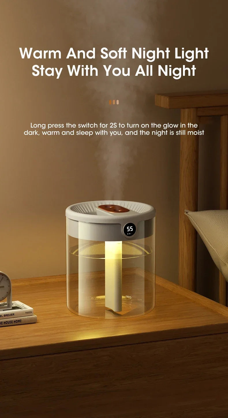 2L Dual Spray Humidifier USB Charging Large Capacity Intelligent Night Light Digital Display Atomizer Mute Office Humidifier