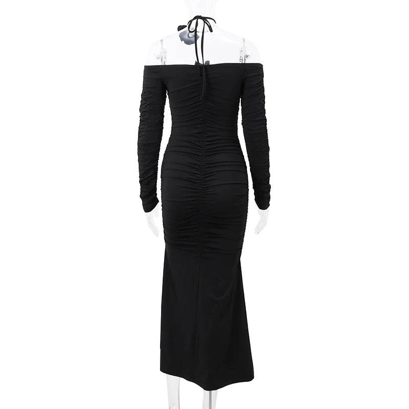 WhereMery Elegant Fashion Off Shoulder Dark Flower Ruffles Long Dress Gothic Slash Neck Long Sleeve Maxi Dresses For Women 2024