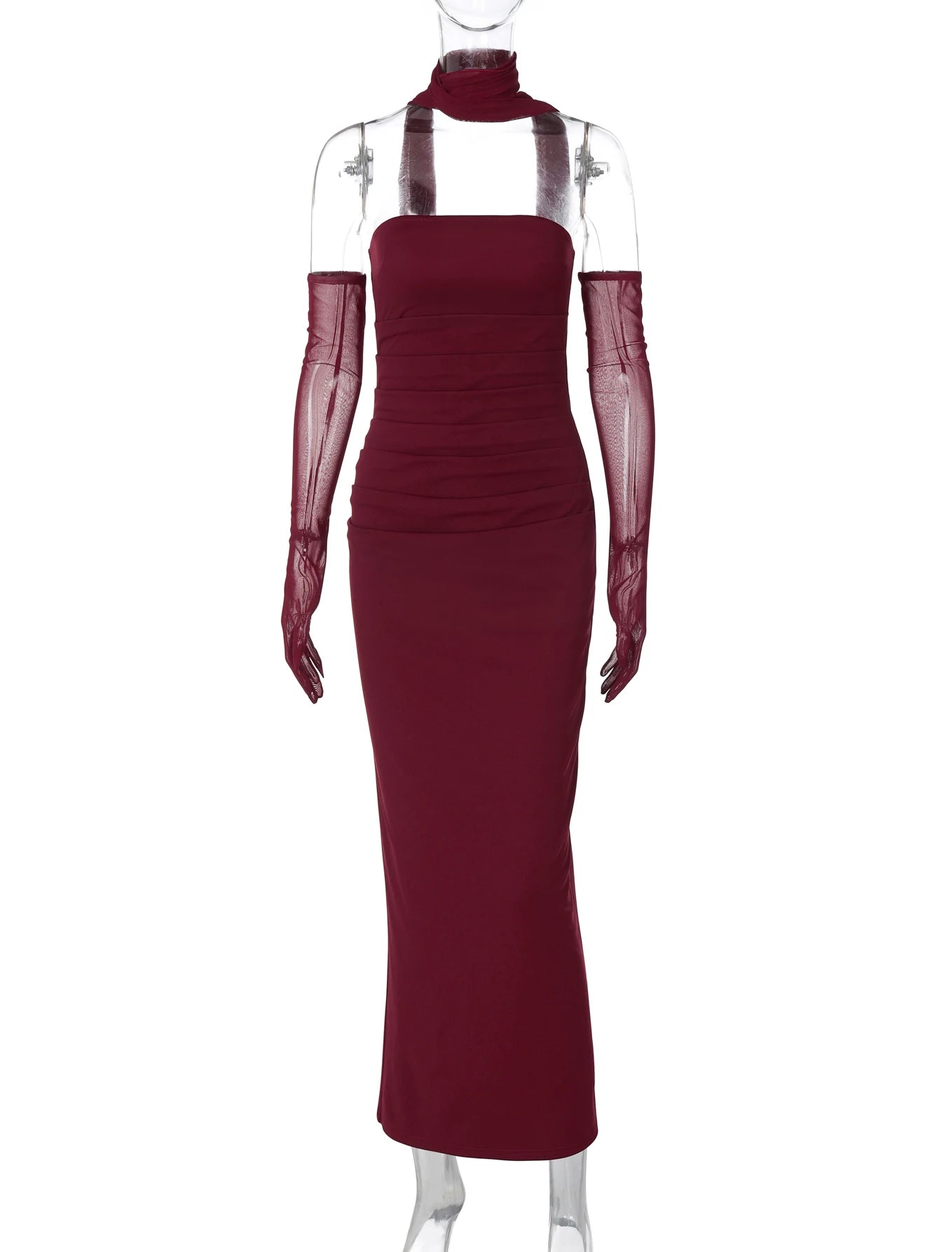 DGLUKE Elegant Strapless Long Dresses Woman Summer 2025 Sexy Ruched Bodycon Maxi Dress Burgundy Evening Party Dress With Gloves