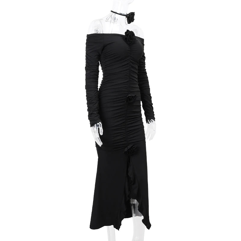 WhereMery Elegant Fashion Off Shoulder Dark Flower Ruffles Long Dress Gothic Slash Neck Long Sleeve Maxi Dresses For Women 2024