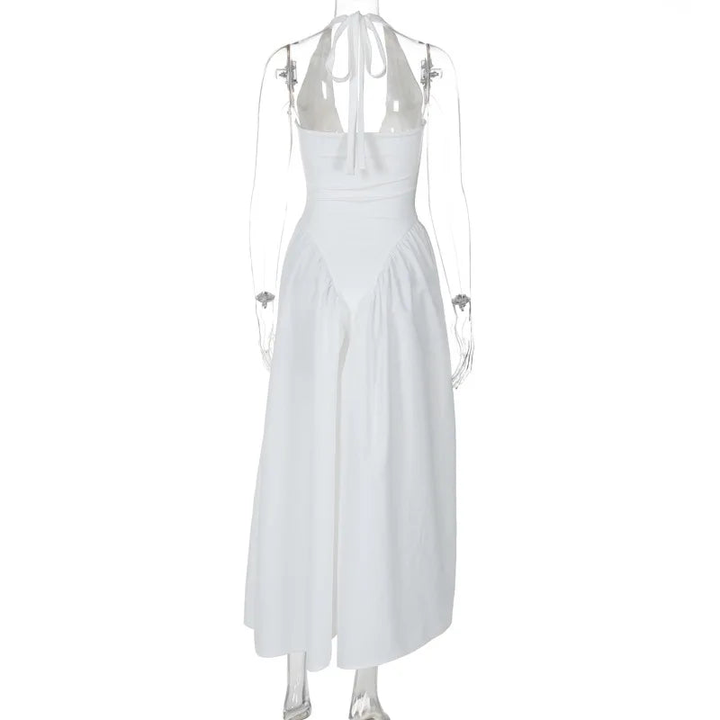 TARUXY Sexy Deep V Hollow Halterneck Large Hem Dress For Women Solid High Waisted Backless Splice Summer New Vacation Long Dress