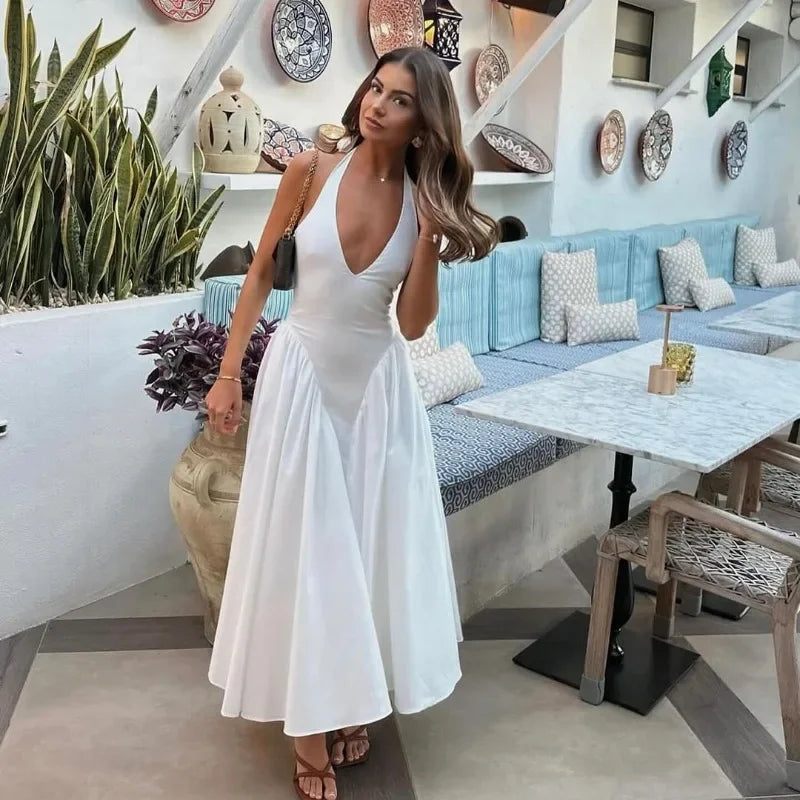 TARUXY Sexy Deep V Hollow Halterneck Large Hem Dress For Women Solid High Waisted Backless Splice Summer New Vacation Long Dress