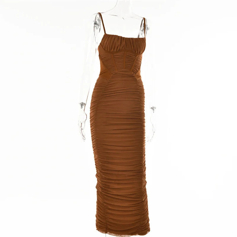 Mozision Elegant Corset Ruched Maxi Dress Women Fashion Spaghetti Strap Sleeveless Backless Zipper Long Dress Vestido
