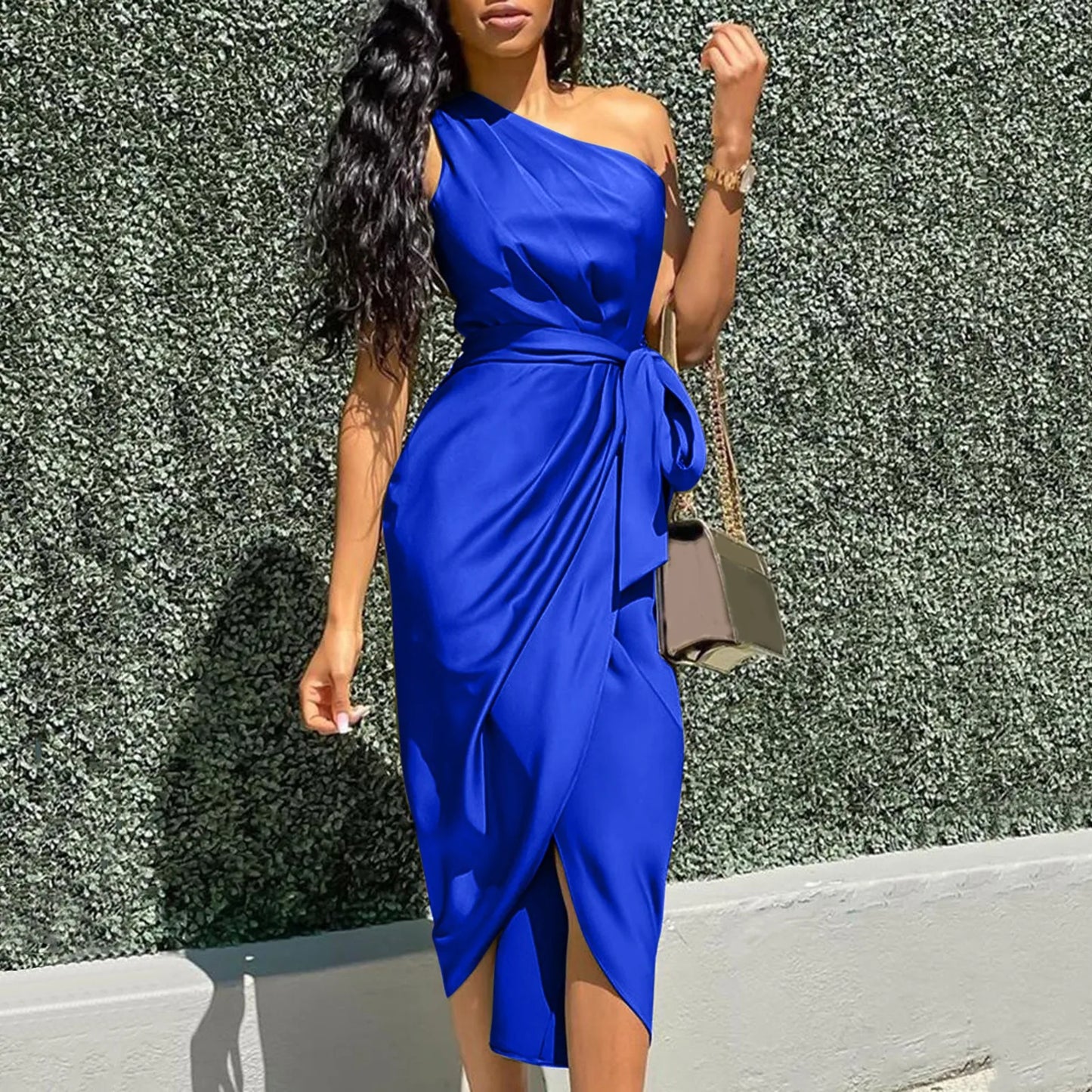 Fashion One Shoulder Long Dress Women Summer Solid Color Slim Waist Pencil Dress Ladies Backless Lace Up Evening Party Dresses