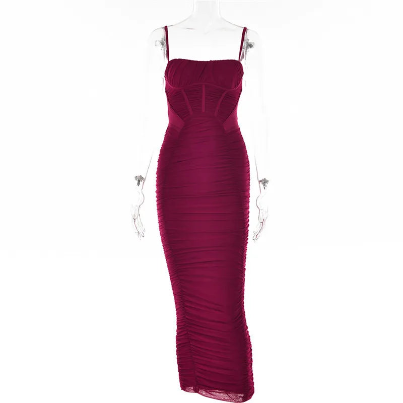 Mozision Elegant Corset Ruched Maxi Dress Women Fashion Spaghetti Strap Sleeveless Backless Zipper Long Dress Vestido