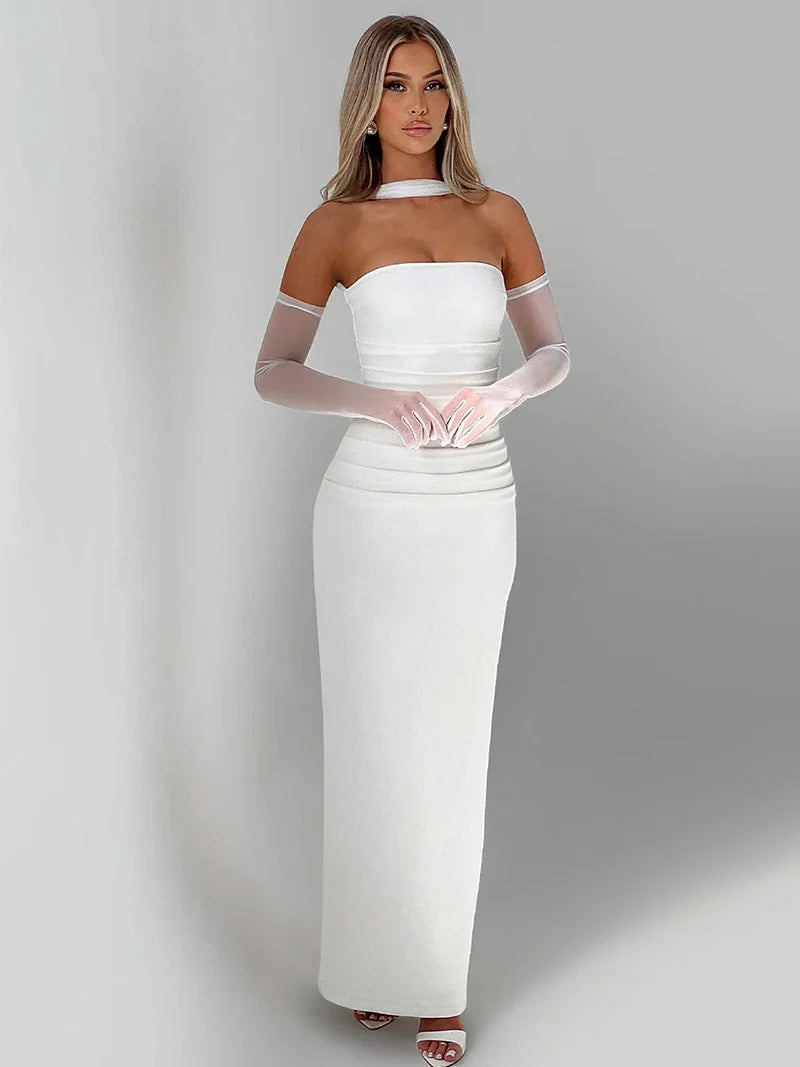 DGLUKE Elegant Strapless Long Dresses Woman Summer 2025 Sexy Ruched Bodycon Maxi Dress Burgundy Evening Party Dress With Gloves