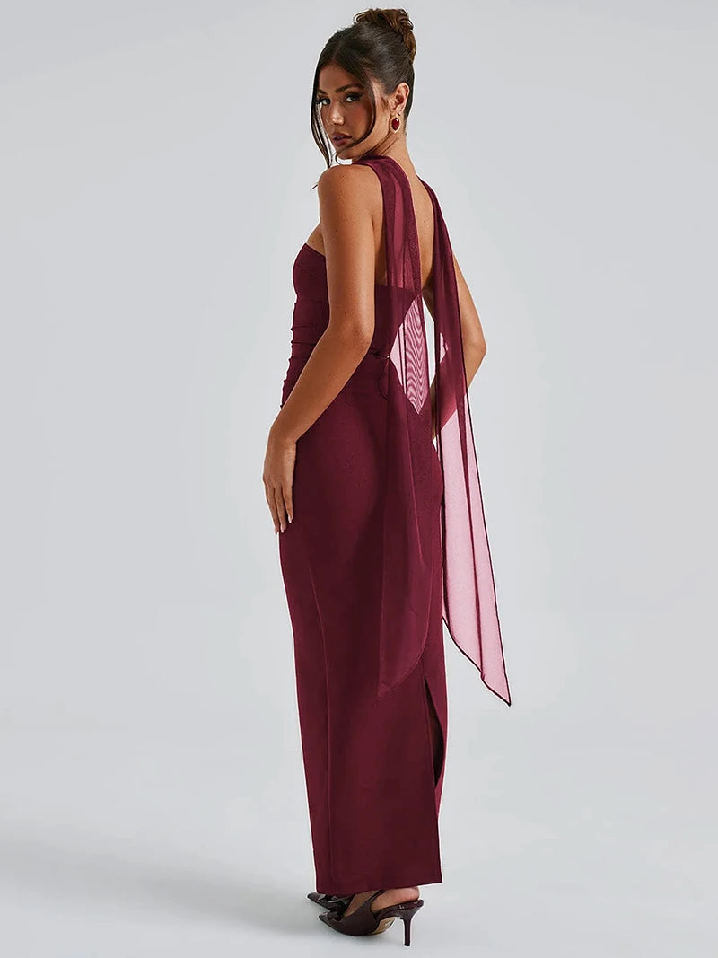 DGLUKE Elegant Strapless Long Dresses Woman Summer 2025 Sexy Ruched Bodycon Maxi Dress Burgundy Evening Party Dress With Gloves