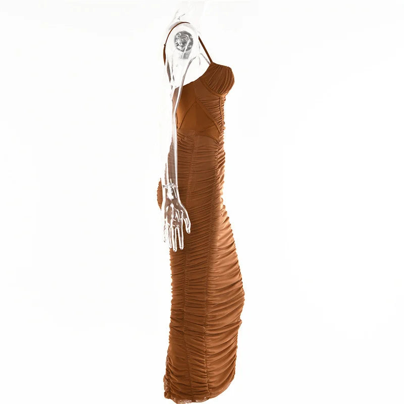 Mozision Elegant Corset Ruched Maxi Dress Women Fashion Spaghetti Strap Sleeveless Backless Zipper Long Dress Vestido