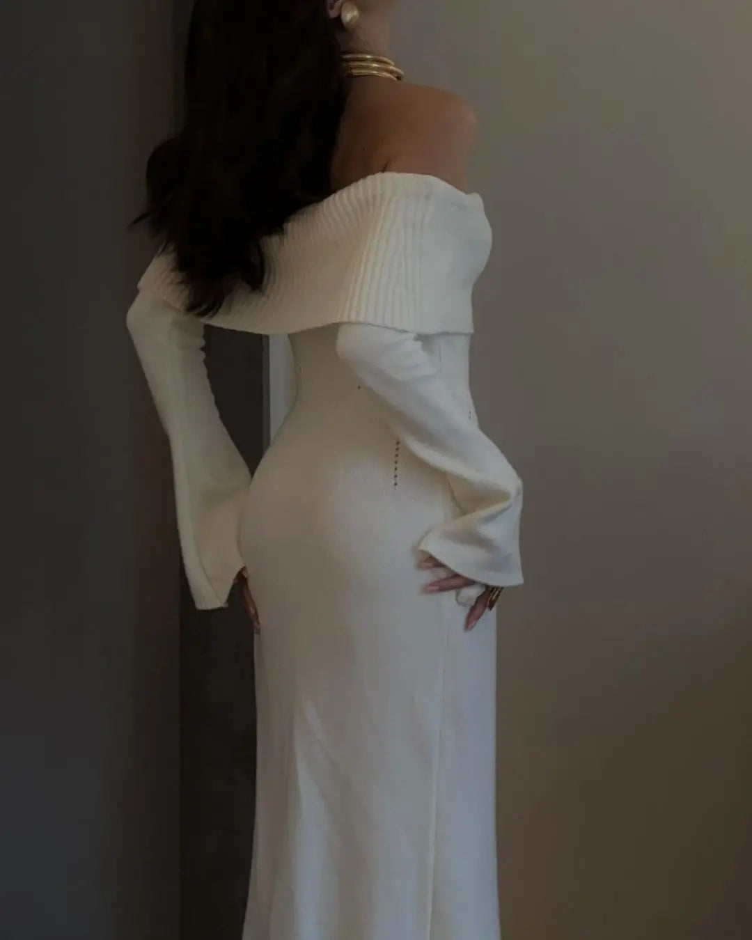 Tossy White Autumn Knit Sweater Long Dress Women Ribbed High Waist Fashion Off-Shoulder Loose Party Dress Female Knitwear Dress