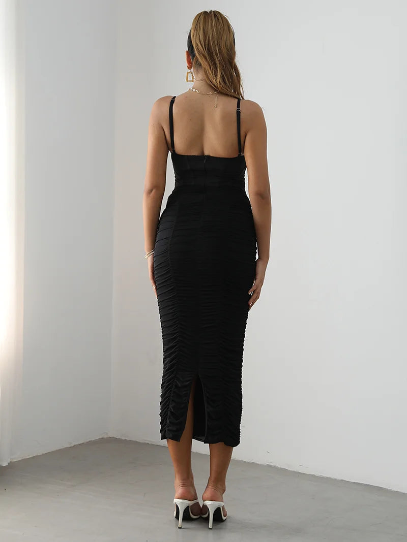 Mozision Elegant Corset Ruched Maxi Dress Women Fashion Spaghetti Strap Sleeveless Backless Zipper Long Dress Vestido