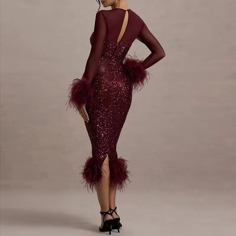 Spring Sequin Patchwork Mesh Party Dresses Women Sexy O Neck Button Hollow Long Dress Autumn Long Sleeve Feather Slim Hip Dress