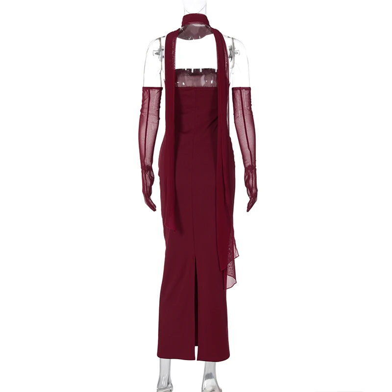 DGLUKE Elegant Strapless Long Dresses Woman Summer 2025 Sexy Ruched Bodycon Maxi Dress Burgundy Evening Party Dress With Gloves