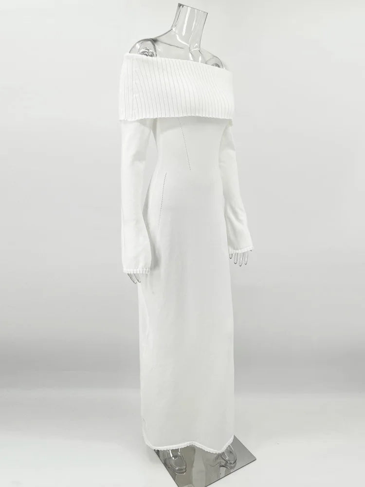 Tossy White Autumn Knit Sweater Long Dress Women Ribbed High Waist Fashion Off-Shoulder Loose Party Dress Female Knitwear Dress