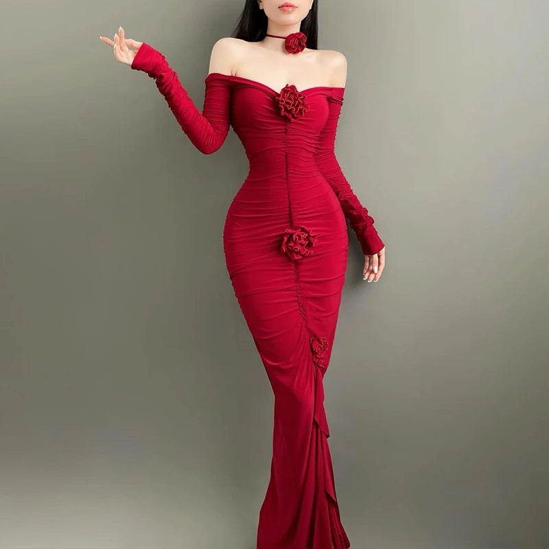 WhereMery Elegant Fashion Off Shoulder Dark Flower Ruffles Long Dress Gothic Slash Neck Long Sleeve Maxi Dresses For Women 2024