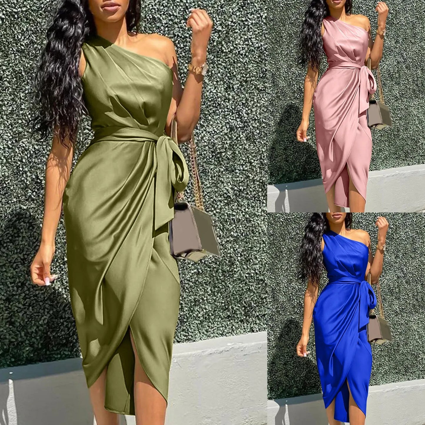 Fashion One Shoulder Long Dress Women Summer Solid Color Slim Waist Pencil Dress Ladies Backless Lace Up Evening Party Dresses