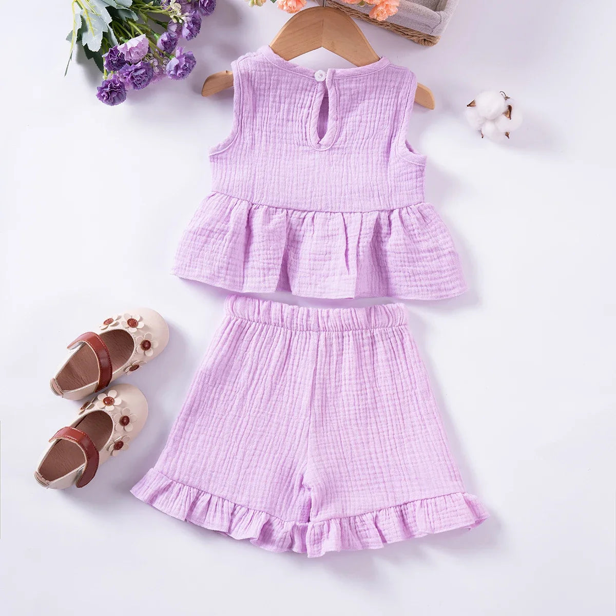 Cute Sleeveless Top Solid Color Shorts 2pcs Summer Girls Bow Tank Top Ruffle Shorts Cotton Comfort Fashion Set 0-5Y