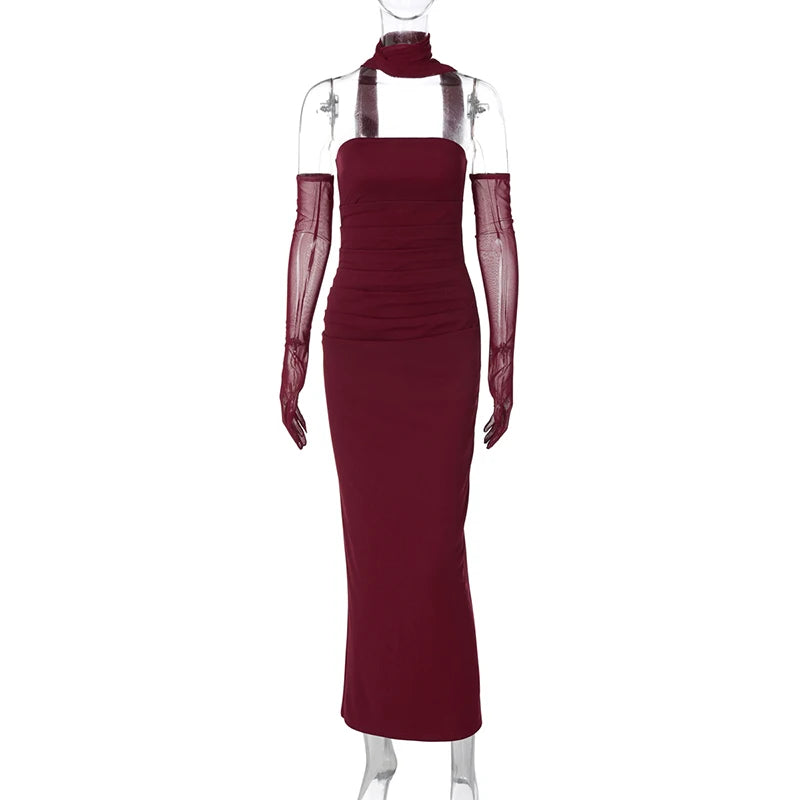 DGLUKE Elegant Strapless Long Dresses Woman Summer 2025 Sexy Ruched Bodycon Maxi Dress Burgundy Evening Party Dress With Gloves