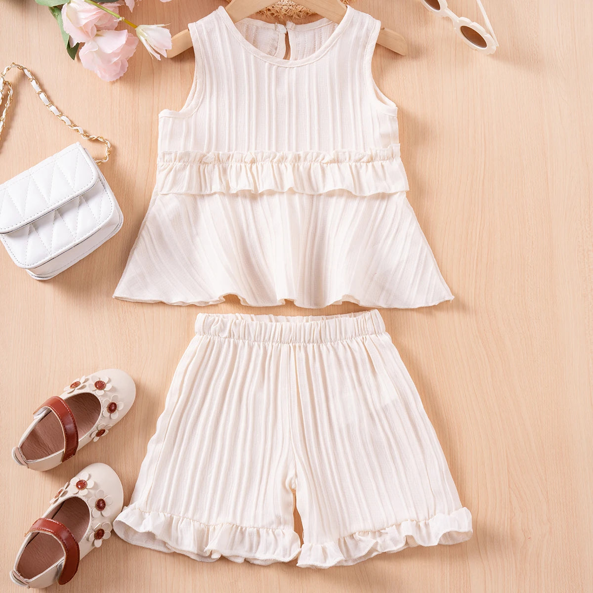 Cute Sleeveless Top Solid Color Shorts 2pcs Summer Girls Bow Tank Top Ruffle Shorts Cotton Comfort Fashion Set 0-5Y