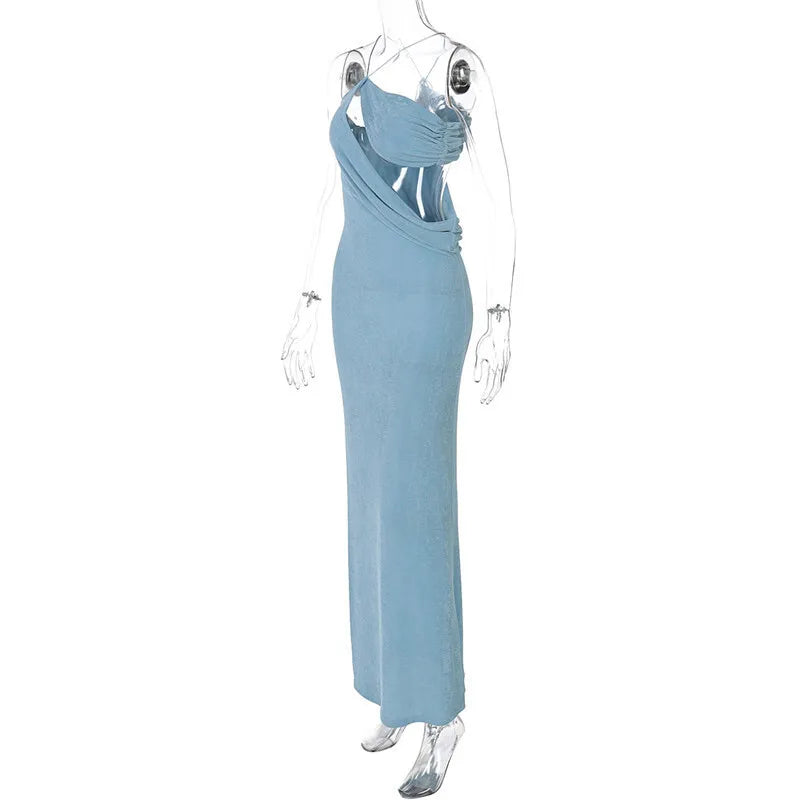 Mozision Halter Skew Collar Sexy Maxi Dress For Women Gown Hollow Out Strapless Sleeveless Backless Bodycon Club Long Dress