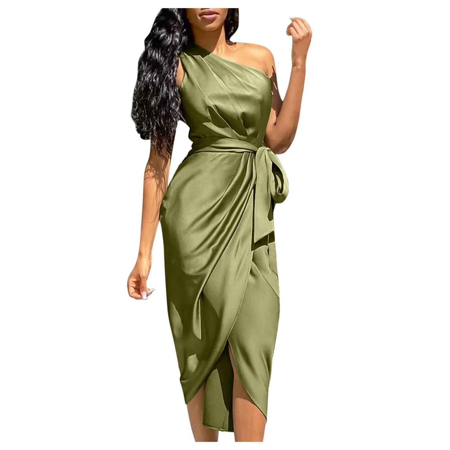 Fashion One Shoulder Long Dress Women Summer Solid Color Slim Waist Pencil Dress Ladies Backless Lace Up Evening Party Dresses