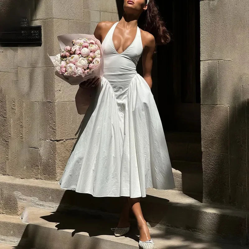 TARUXY Sexy Deep V Hollow Halterneck Large Hem Dress For Women Solid High Waisted Backless Splice Summer New Vacation Long Dress