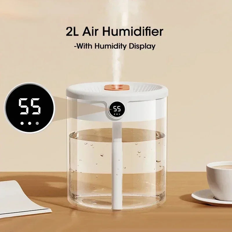 2LDouble Nozzle Air Humidifier with LCD Humidity Display Large Capacity Aroma Essential Oil Diffuser for Bedroom Mist Sprayer