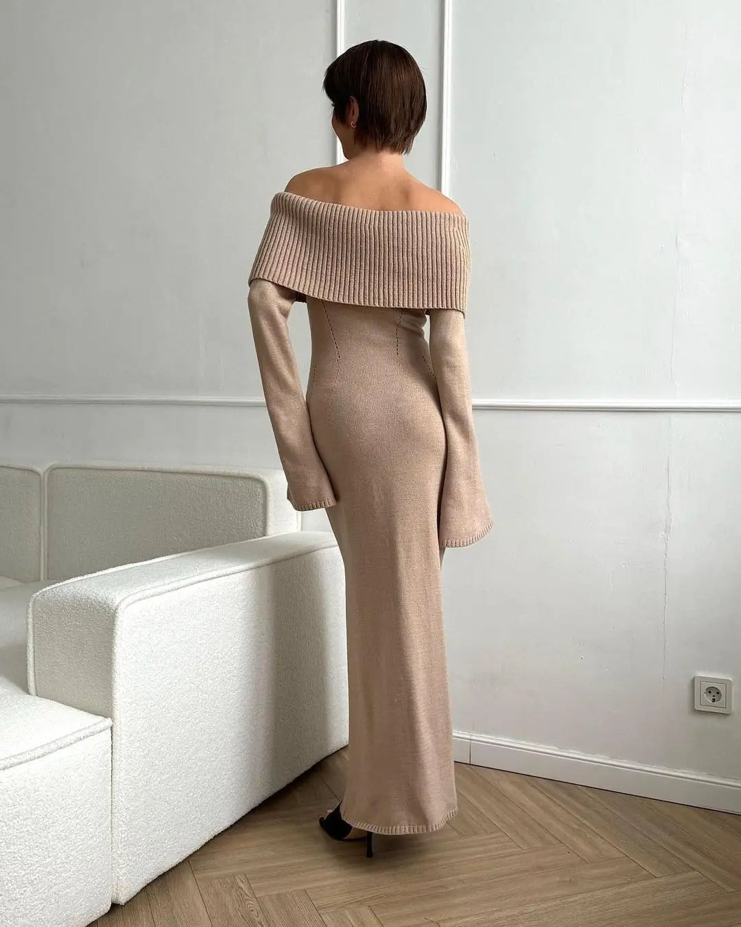 Tossy White Autumn Knit Sweater Long Dress Women Ribbed High Waist Fashion Off-Shoulder Loose Party Dress Female Knitwear Dress