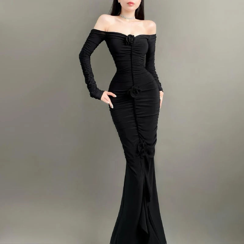 WhereMery Elegant Fashion Off Shoulder Dark Flower Ruffles Long Dress Gothic Slash Neck Long Sleeve Maxi Dresses For Women 2024