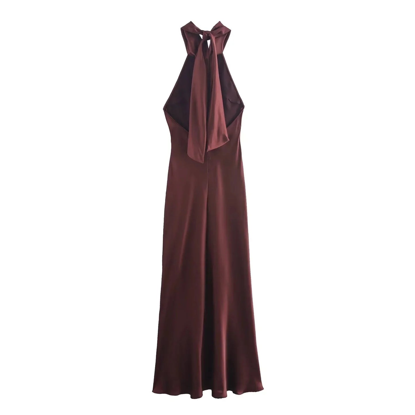 TRAFZA Vintage Casual Chic Solid Women Dress Halter Zipper Beach Long Dress Fashion 2024 Autumn Winter Boho Party Female Dress