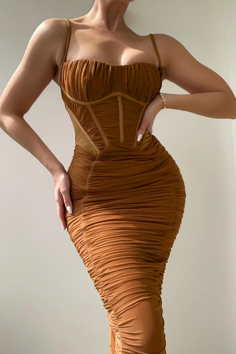 Mozision Elegant Corset Ruched Maxi Dress Women Fashion Spaghetti Strap Sleeveless Backless Zipper Long Dress Vestido