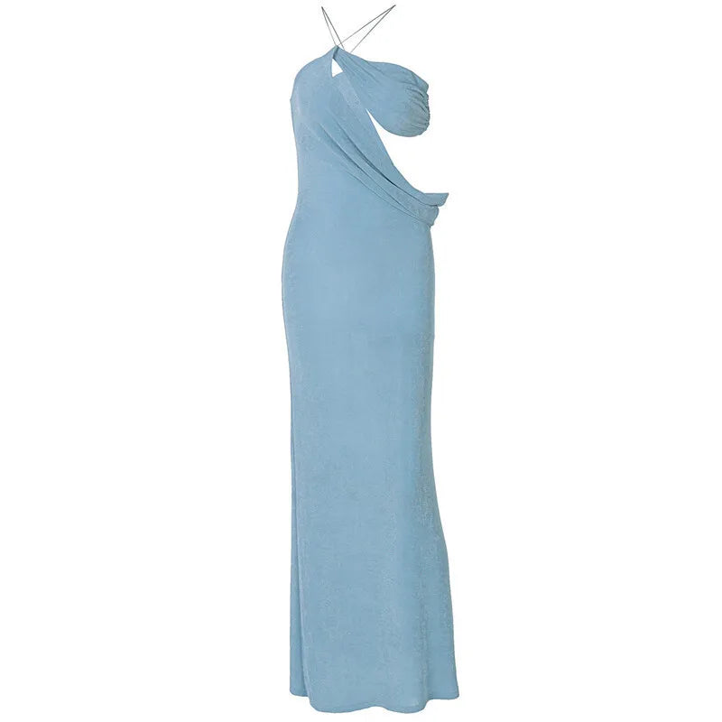 Mozision Halter Skew Collar Sexy Maxi Dress For Women Gown Hollow Out Strapless Sleeveless Backless Bodycon Club Long Dress