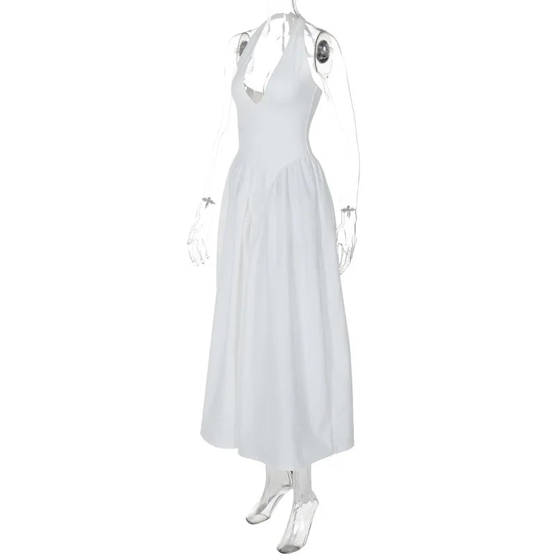 TARUXY Sexy Deep V Hollow Halterneck Large Hem Dress For Women Solid High Waisted Backless Splice Summer New Vacation Long Dress