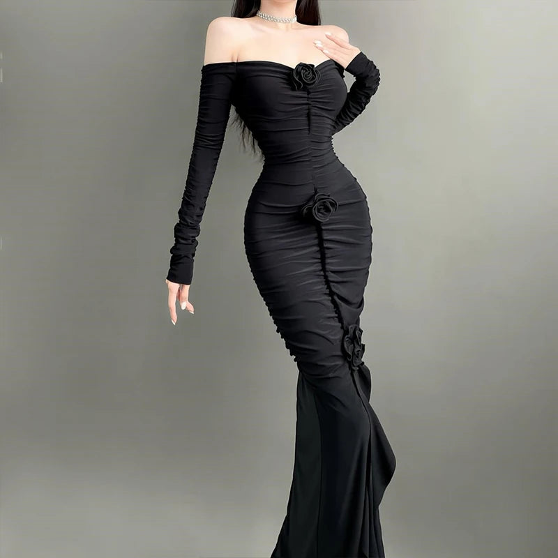 WhereMery Elegant Fashion Off Shoulder Dark Flower Ruffles Long Dress Gothic Slash Neck Long Sleeve Maxi Dresses For Women 2024