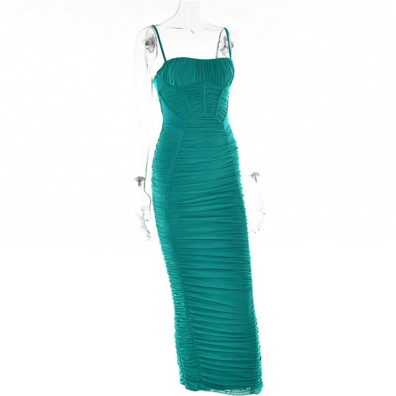 Mozision Elegant Corset Ruched Maxi Dress Women Fashion Spaghetti Strap Sleeveless Backless Zipper Long Dress Vestido