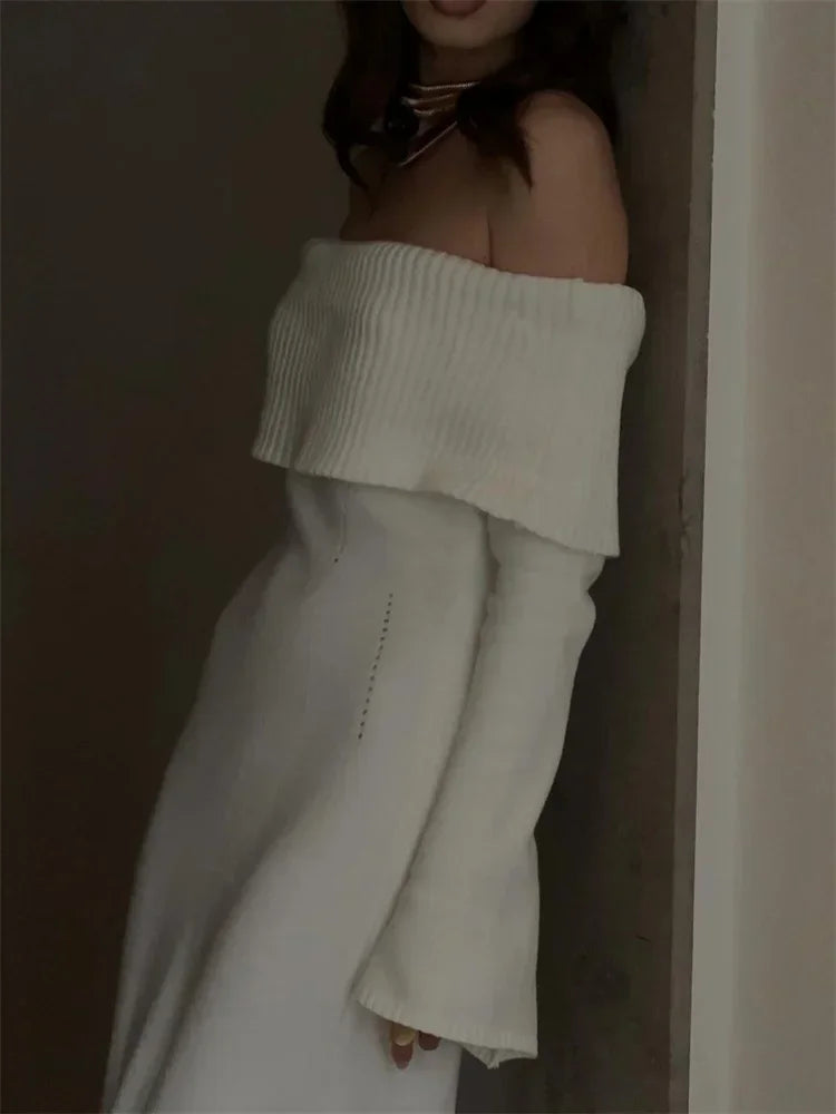 Tossy White Autumn Knit Sweater Long Dress Women Ribbed High Waist Fashion Off-Shoulder Loose Party Dress Female Knitwear Dress