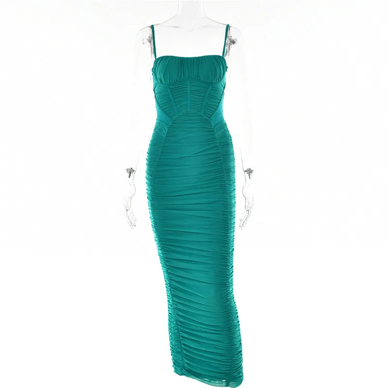 Mozision Elegant Corset Ruched Maxi Dress Women Fashion Spaghetti Strap Sleeveless Backless Zipper Long Dress Vestido