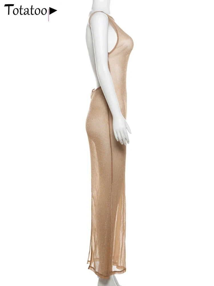 Totatoop Elegant Gold Glitter Tank Dress For Women 2024 Summer Sleeveless Slim Fit Vintage Party Long Dress Beach Robe Clothing