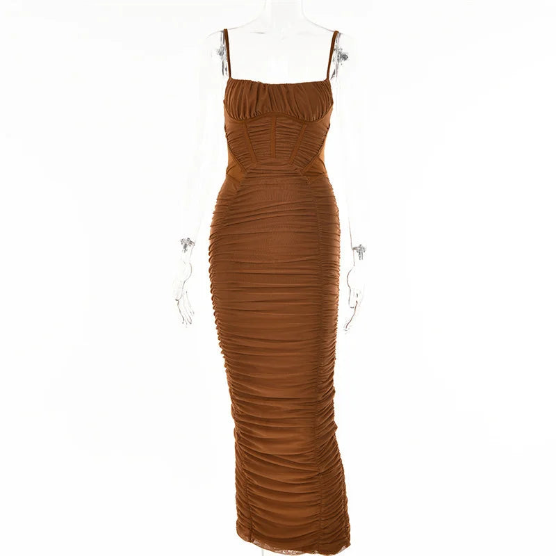 Mozision Elegant Corset Ruched Maxi Dress Women Fashion Spaghetti Strap Sleeveless Backless Zipper Long Dress Vestido