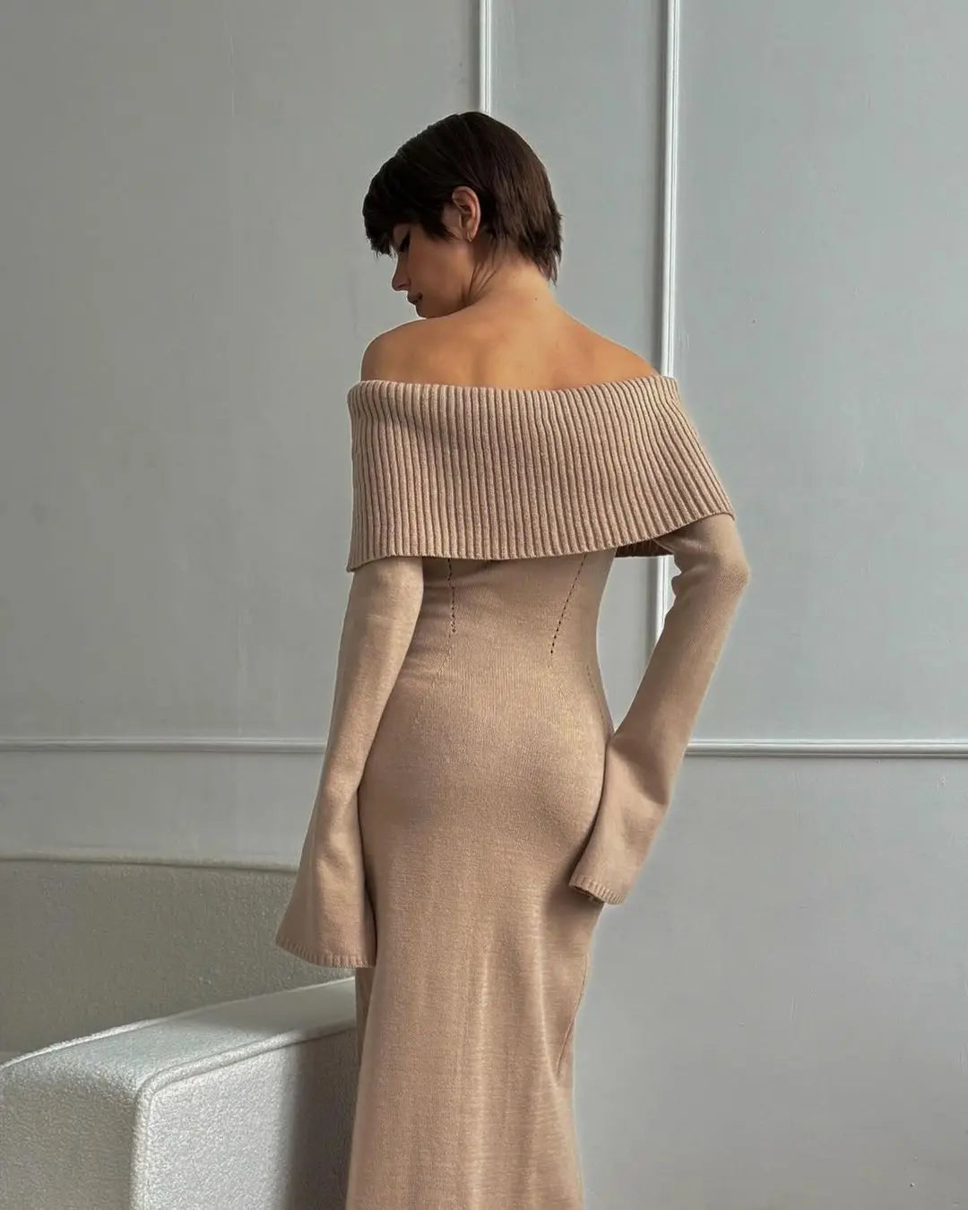 Tossy White Autumn Knit Sweater Long Dress Women Ribbed High Waist Fashion Off-Shoulder Loose Party Dress Female Knitwear Dress