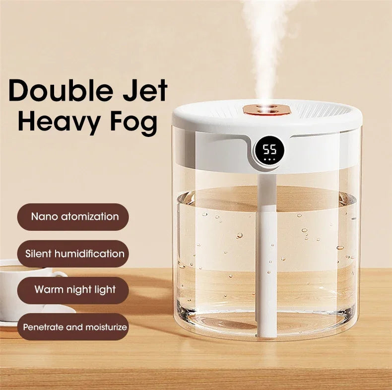 2L Dual Spray Humidifier USB Charging Large Capacity Intelligent Night Light Digital Display Atomizer Mute Office Humidifier