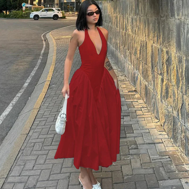 TARUXY Sexy Deep V Hollow Halterneck Large Hem Dress For Women Solid High Waisted Backless Splice Summer New Vacation Long Dress