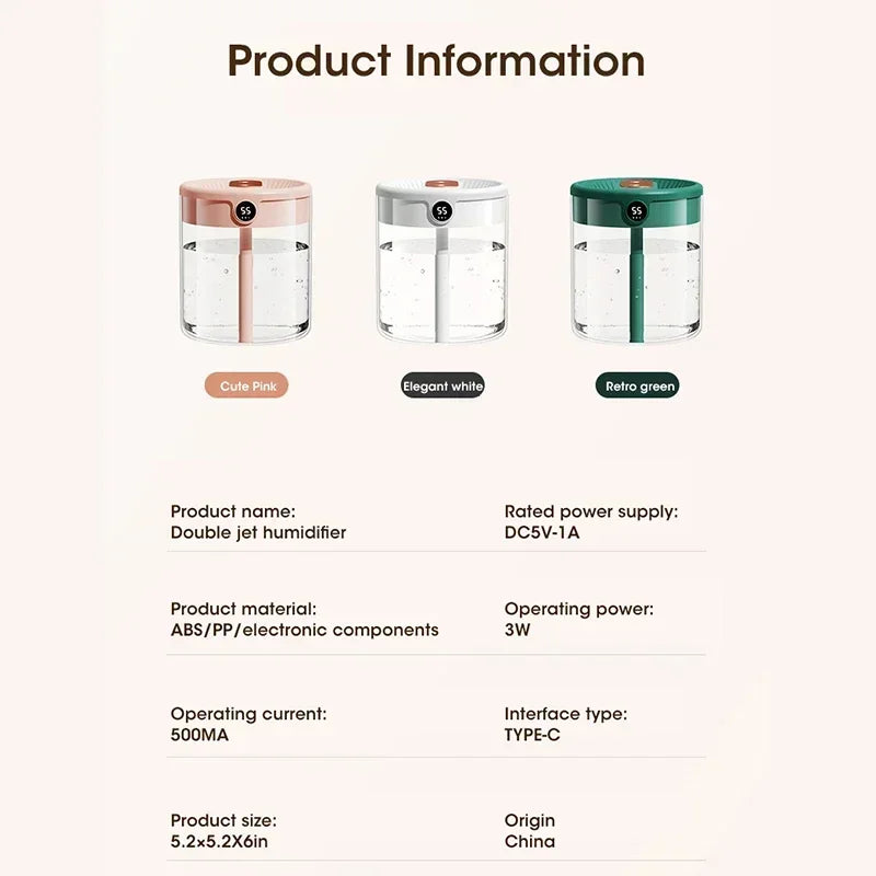 2LDouble Nozzle Air Humidifier with LCD Humidity Display Large Capacity Aroma Essential Oil Diffuser for Bedroom Mist Sprayer