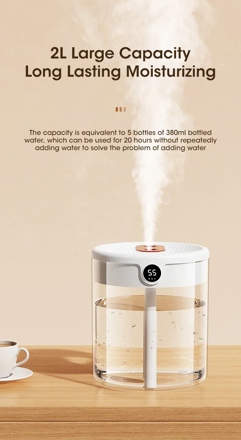 2L Dual Spray Humidifier USB Charging Large Capacity Intelligent Night Light Digital Display Atomizer Mute Office Humidifier