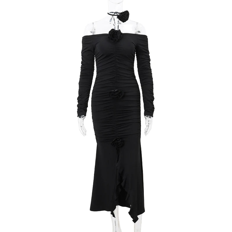WhereMery Elegant Fashion Off Shoulder Dark Flower Ruffles Long Dress Gothic Slash Neck Long Sleeve Maxi Dresses For Women 2024