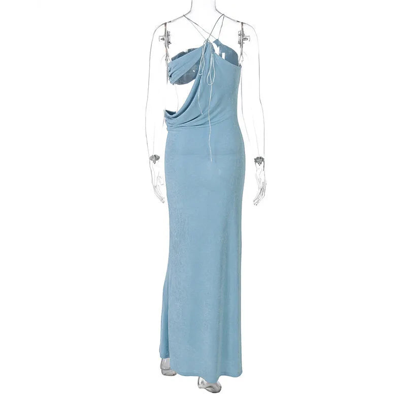 Mozision Halter Skew Collar Sexy Maxi Dress For Women Gown Hollow Out Strapless Sleeveless Backless Bodycon Club Long Dress