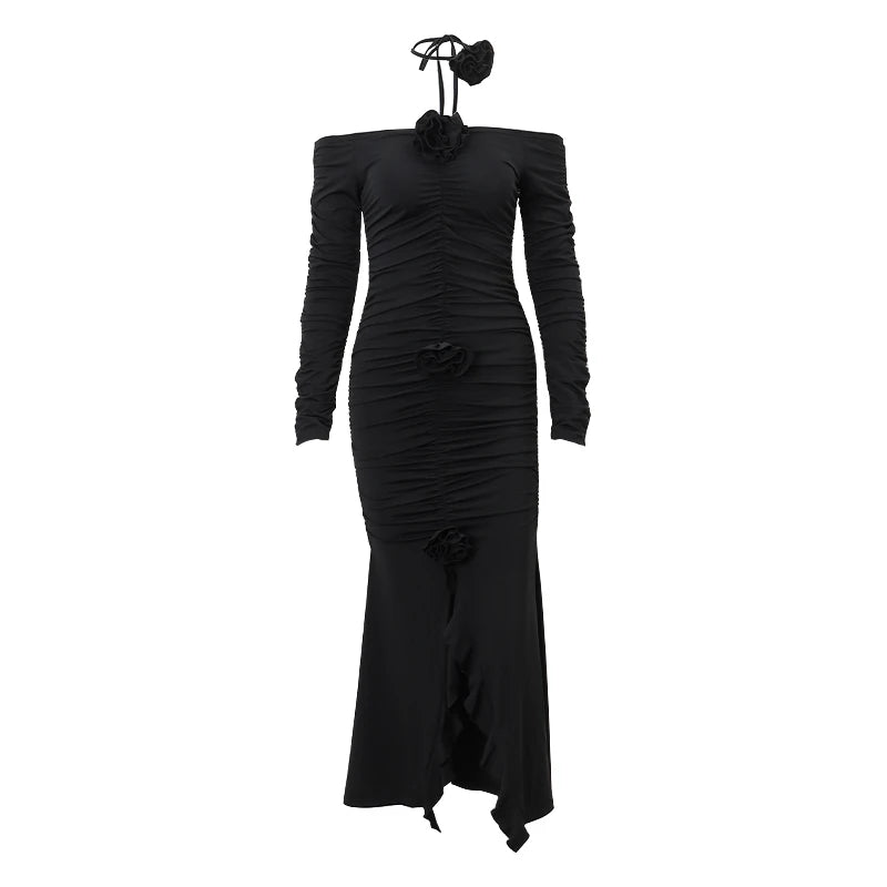 WhereMery Elegant Fashion Off Shoulder Dark Flower Ruffles Long Dress Gothic Slash Neck Long Sleeve Maxi Dresses For Women 2024